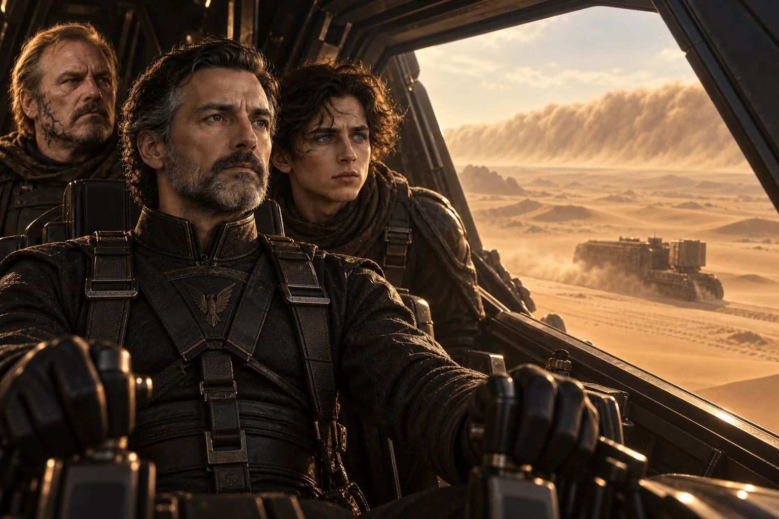 In the cockpit, Leto, Paul, and Gurney look at wormsign on the horizon.