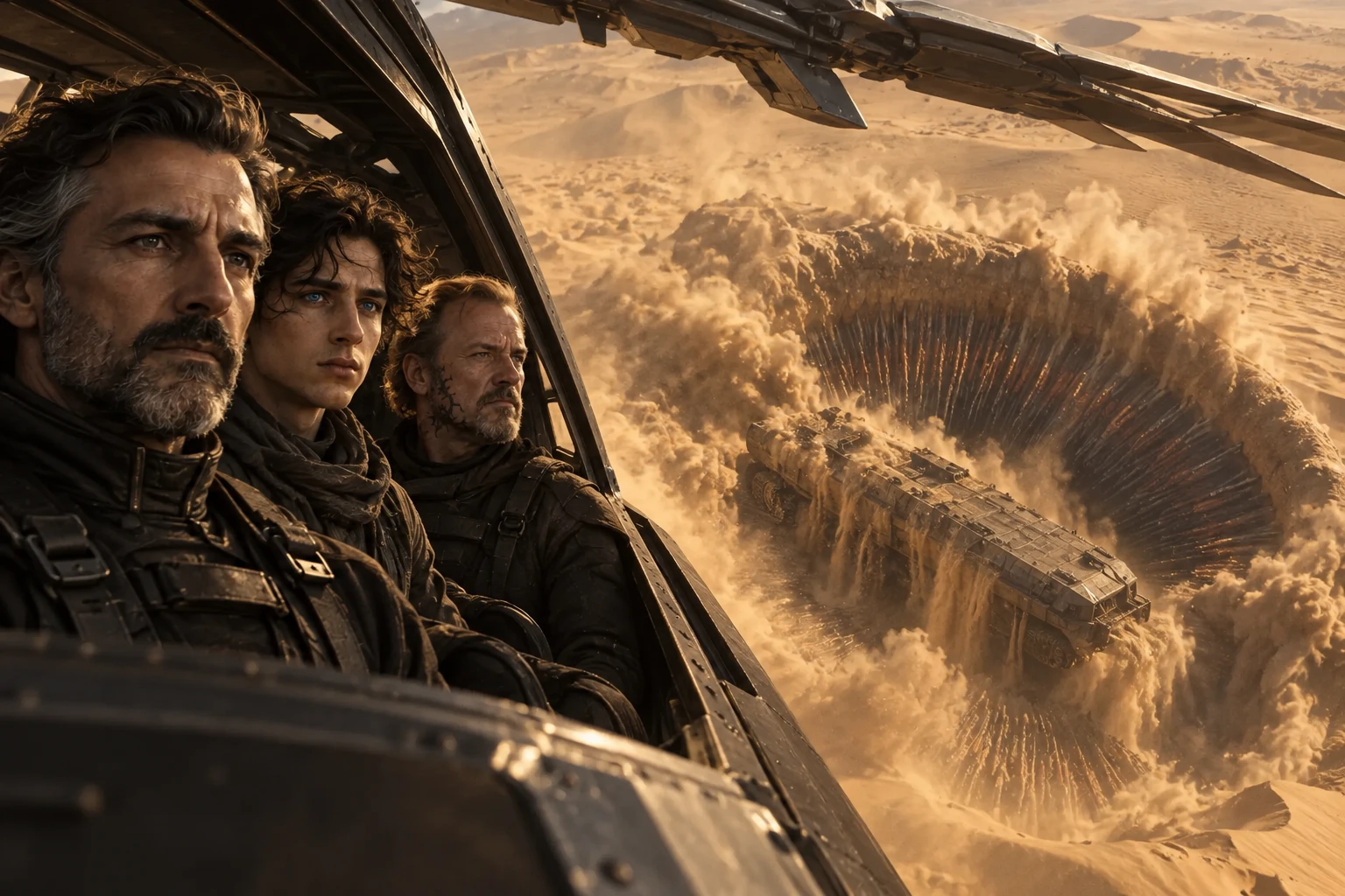 A sandworm swallows the evacuated spice harvester along with the sand.