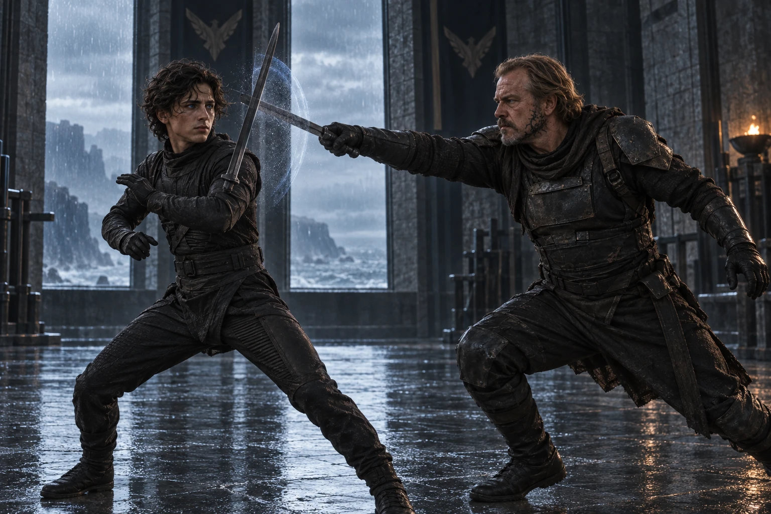 As Gurney lunges, Paul takes a defensive stance with his shield and sword.