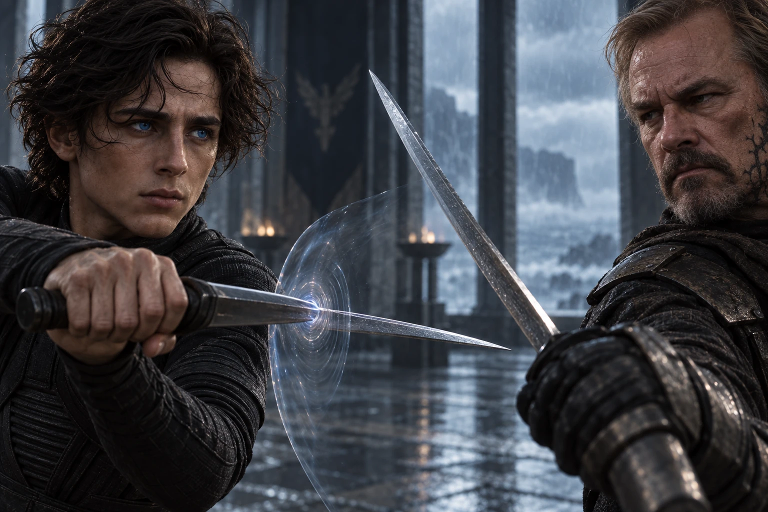 A slow sword tip passes through the rippling surface of a personal shield.