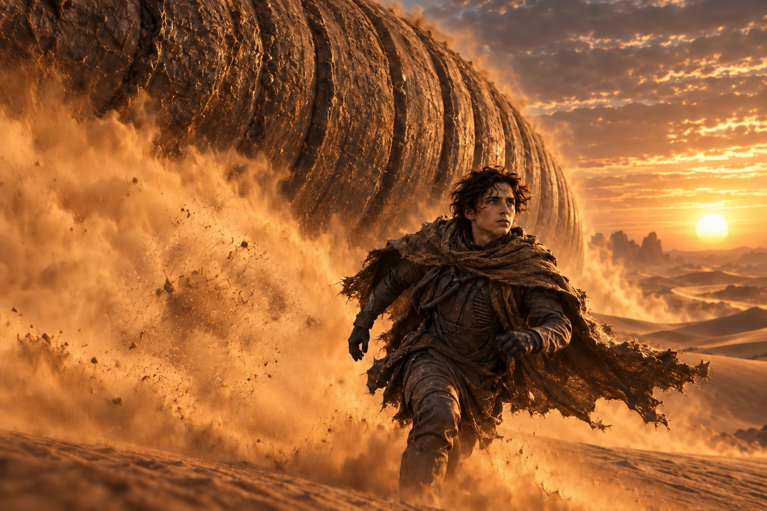 Paul’s tiny figure running to reach the side of the immense sandworm.